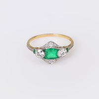 Art Deco GIA emerald diamond 18k yellow gold and platinum ring