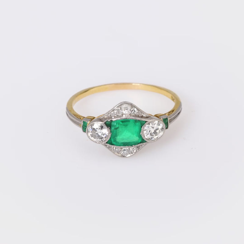 Art Deco GIA emerald diamond 18k yellow gold and platinum ring