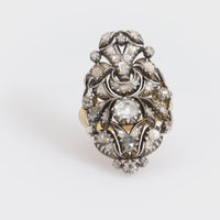 Antique style rose cut diamond 18k yellow gold silver Navette ring