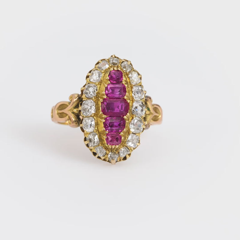 Antique 2.40 carat ruby and diamond 18k yellow gold Navette ring