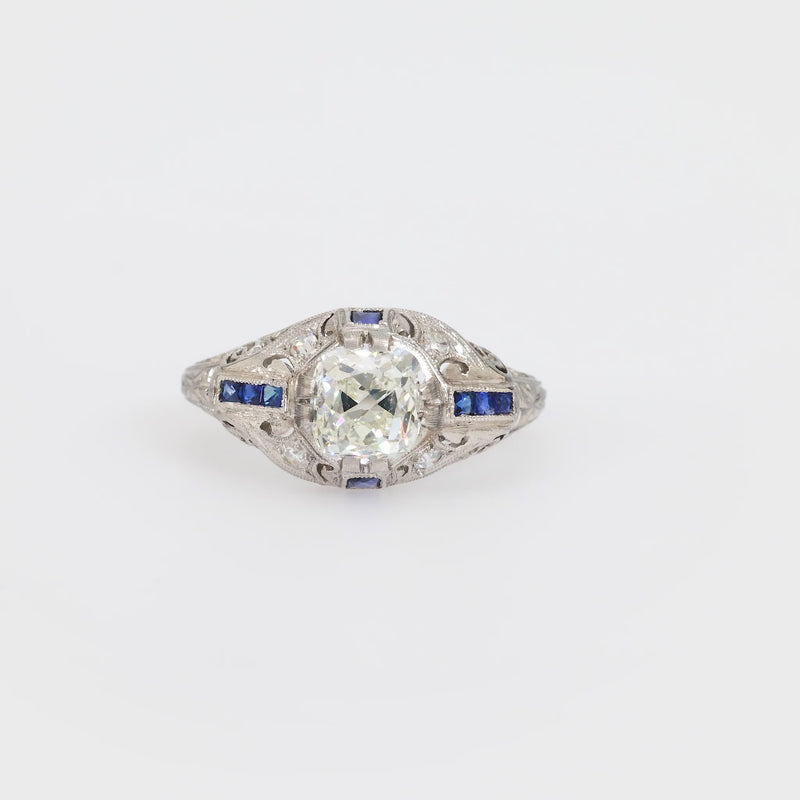 Art Deco GIA 1.14 carat old mine cut diamond sapphire platinum ring