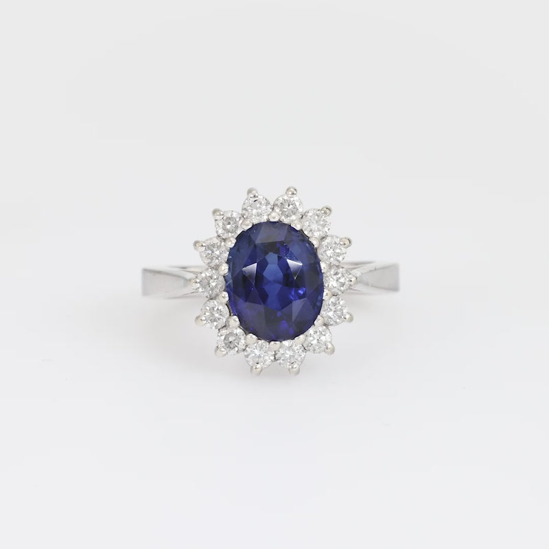 Modern 3 carat oval cut sapphire diamond 14k white gold cluster ring