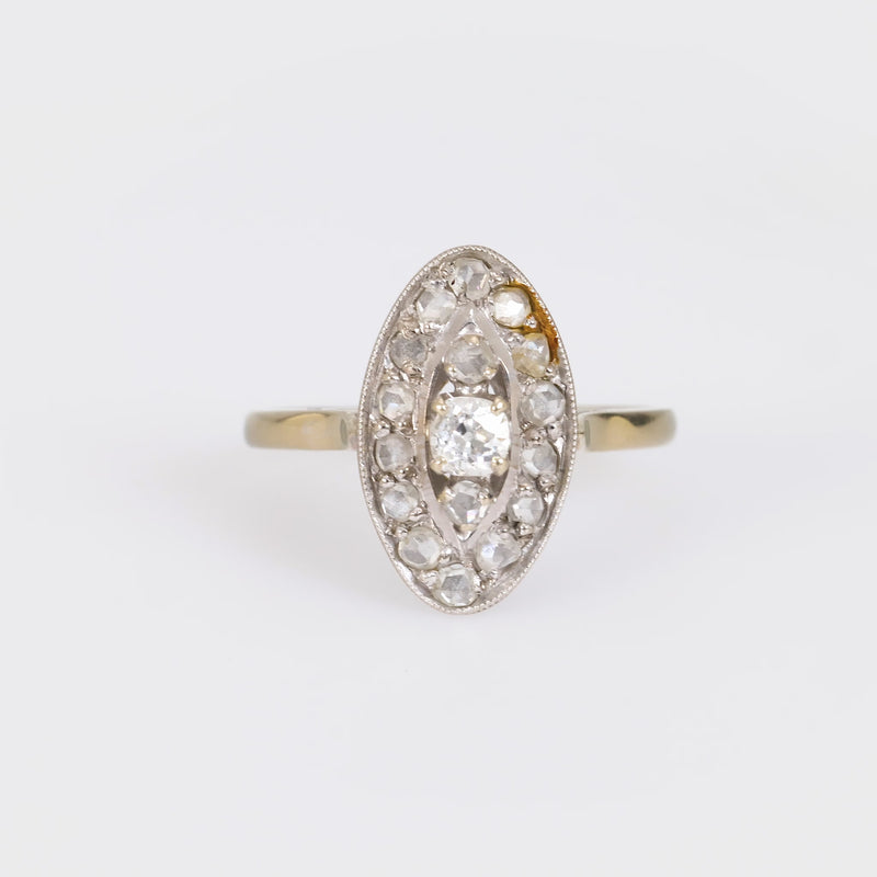 Victorian French diamond 18k white gold navette ring