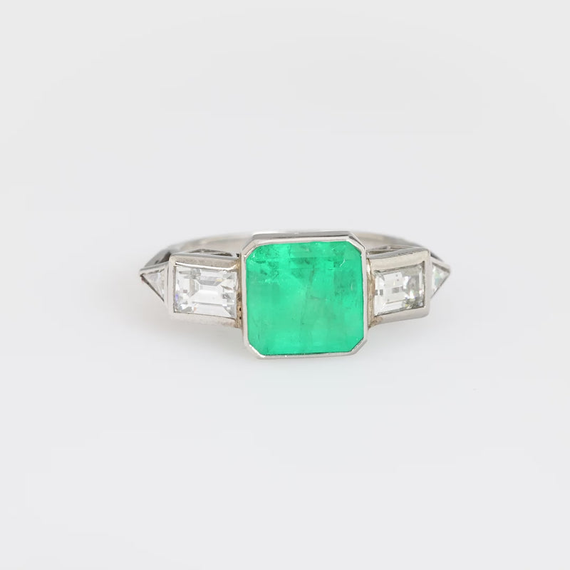 Art Deco style 1.77 carat emerald diamond platinum ring