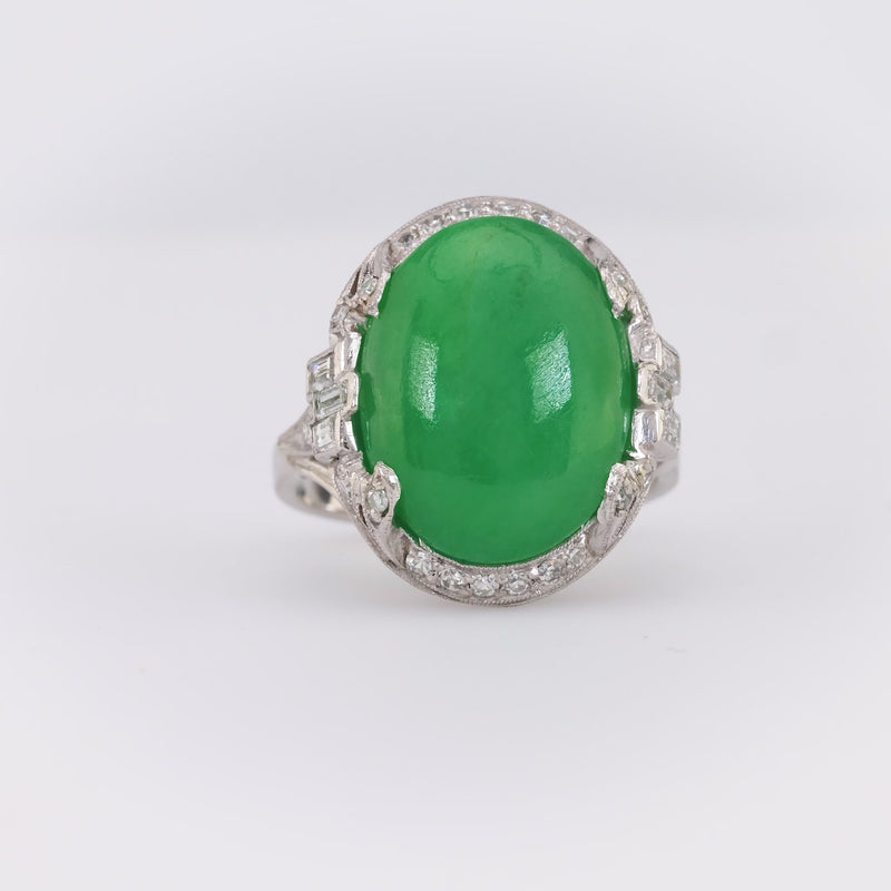 Art Deco French GIA 8.8 Carat Green Jade Diamond Platinum Ring