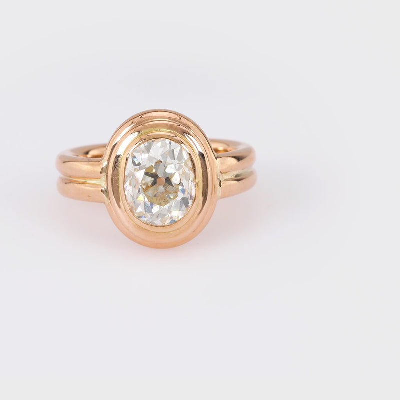 Retro French GIA 2.39 Carat Oval Cut Diamond 18K Rose Gold Solitaire Ring