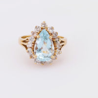 Vintage 2.60 carat pear cut aquamarine diamond 14k yellow gold cluster ring