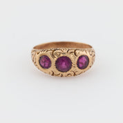 Victorian garnet 14k yellow gold 3 stone bezel ring