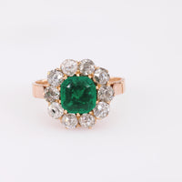 Victorian GIA 1.5 Carat Colombian Emerald Diamond 9K Rose Gold Cluster Ring