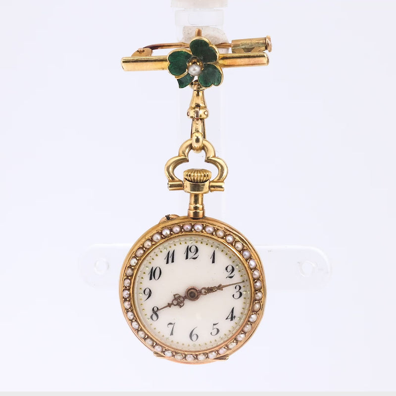 Antique diamond pearl 18k yellow gold enamel pendant brooch watch