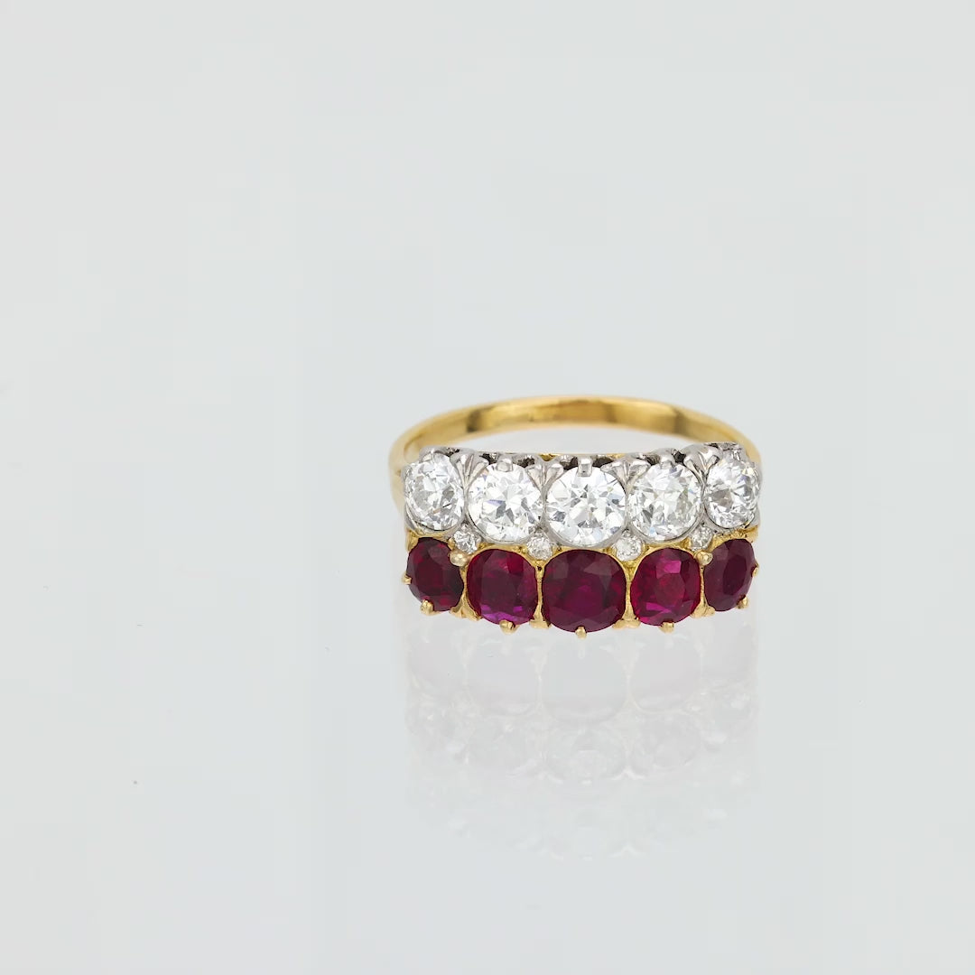Victorian French 3.45 carat total weight diamond and ruby 18k yellow gold ring
