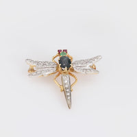 Mid Century sapphire diamond emerald ruby 18k gold dragonfly brooch