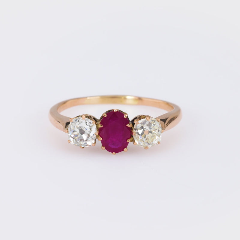 Victorian French Ruby Diamond 18K Rose Gold Three Stone Ring