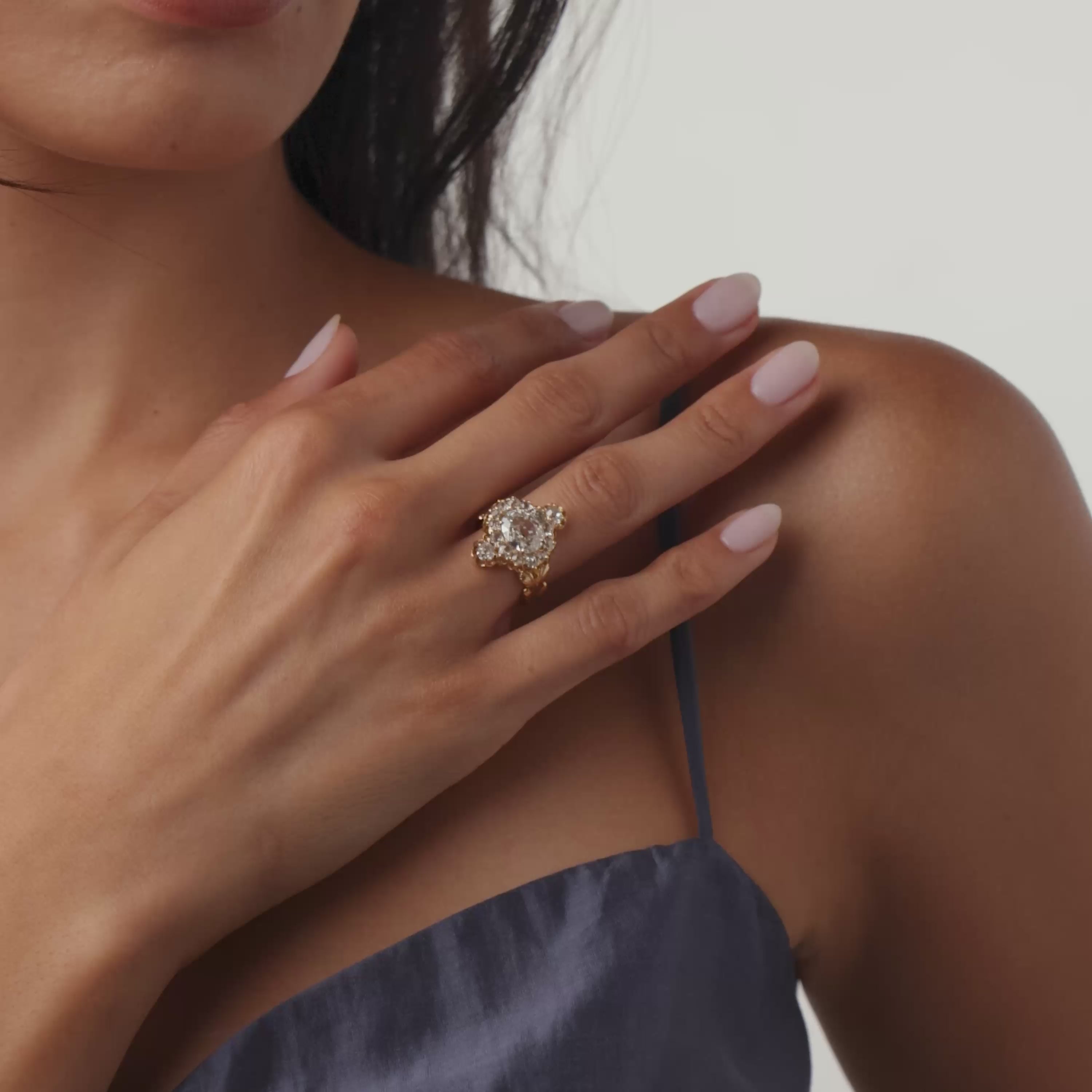 Victorian GIA 1.80 carat diamond 18k yellow gold cluster ring