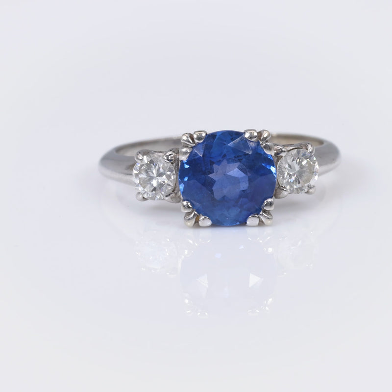 Vintage Sapphire Diamond 14K White Gold Three Stone Ring