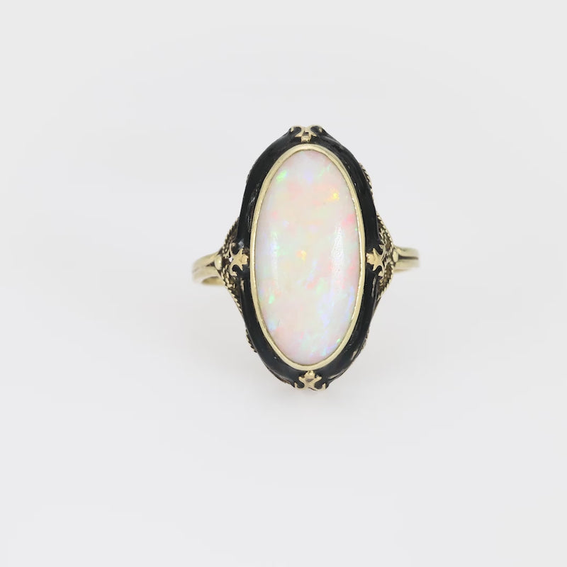 Antique 3.50 carat cabochon cut opal 14k yellow gold enamel ring