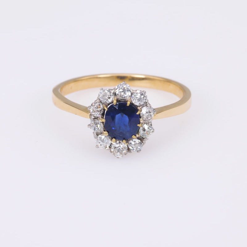 Edwardian Sapphire Diamond 18K Yellow Gold and Platinum Cluster Ring