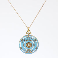 Antique diamond 14k yellow gold blue guillouche enamel locket necklace