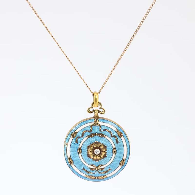 Antique diamond 14k yellow gold blue guillouche enamel locket necklace