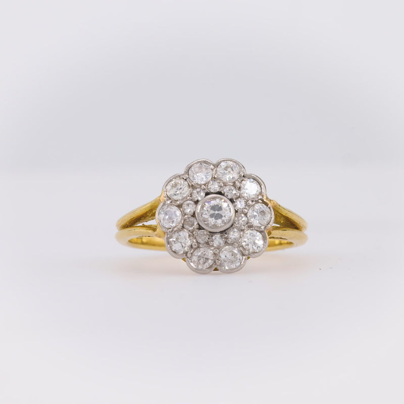 Edwardian French Diamond 18K Yellow Gold Cluster Ring