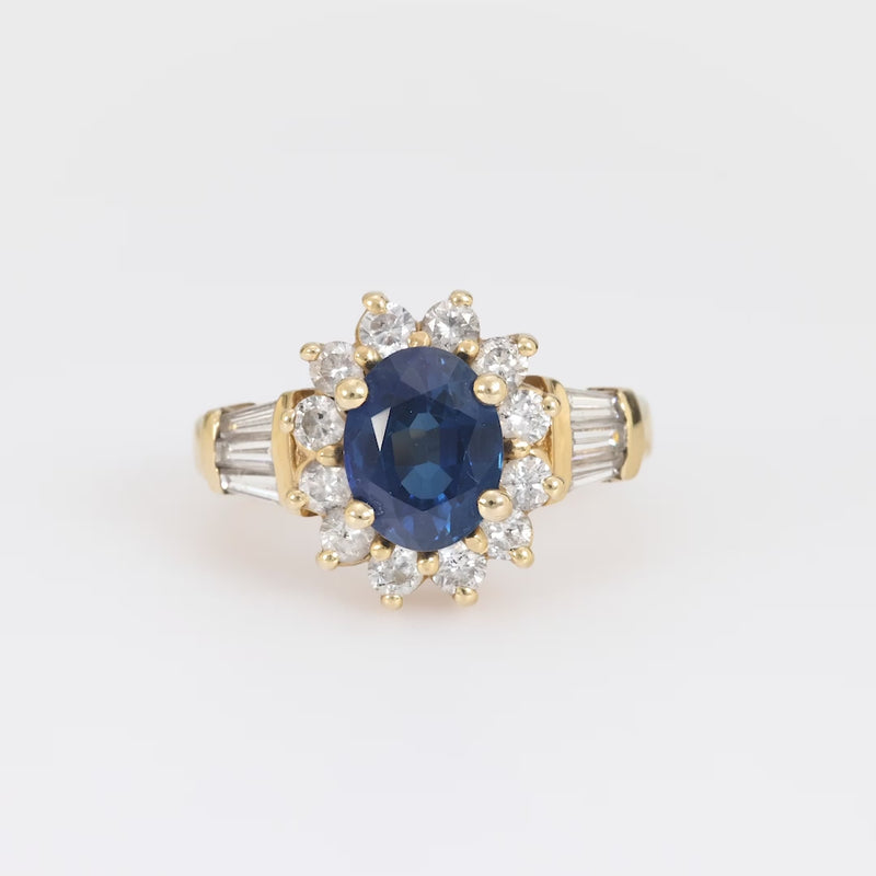 Vintage 2.40 carat sapphire diamond 14k yellow gold cluster ring