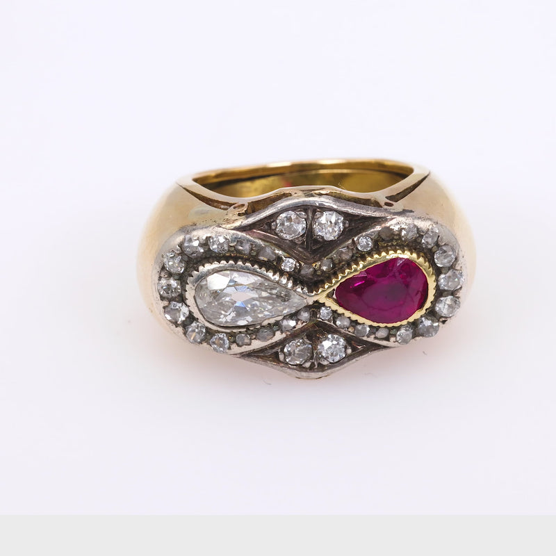 Retro French Ruby Diamond 18K Yellow Gold Twin Stone Ring