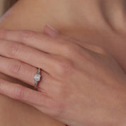 Mid Century step cut diamond platinum engagement ring