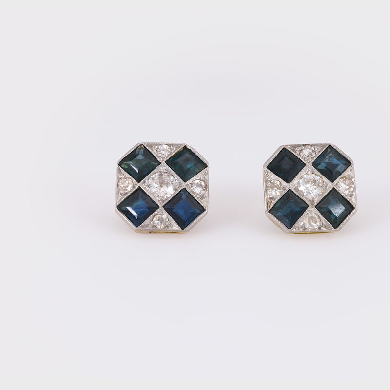 Art Deco Sapphire Diamond 14K Yellow Gold Stud Earrings