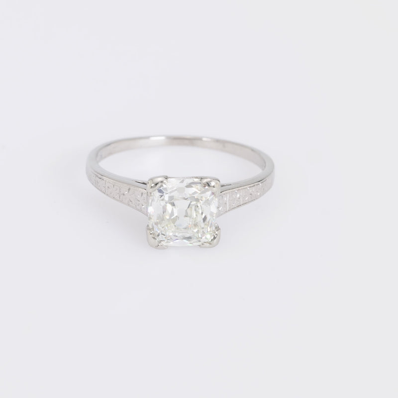 Art Deco .91 carat cushion cut diamond platinum engagement ring