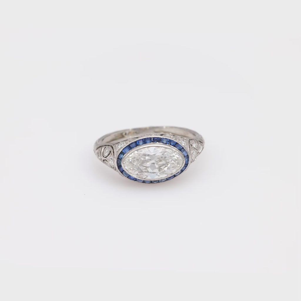 Art Deco 2 carat moval cut diamond sapphire platinum engagement ring