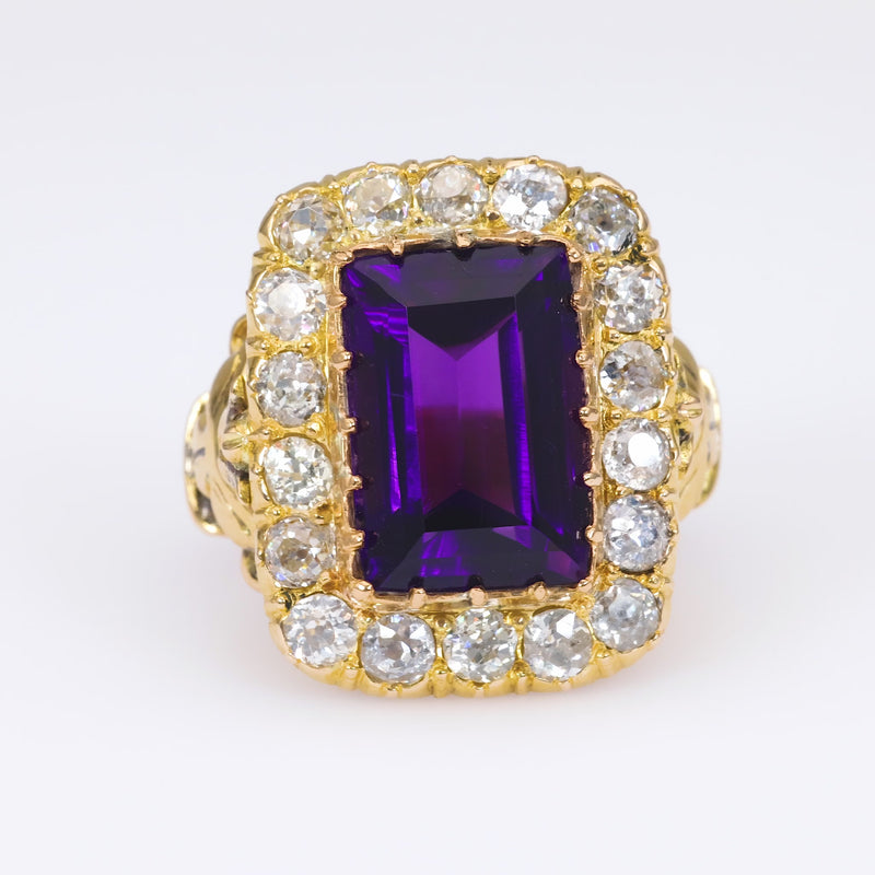 Antique 7.5 Carat Emerald Cut Amethyst Diamond 18K Yellow Gold Cocktail Ring