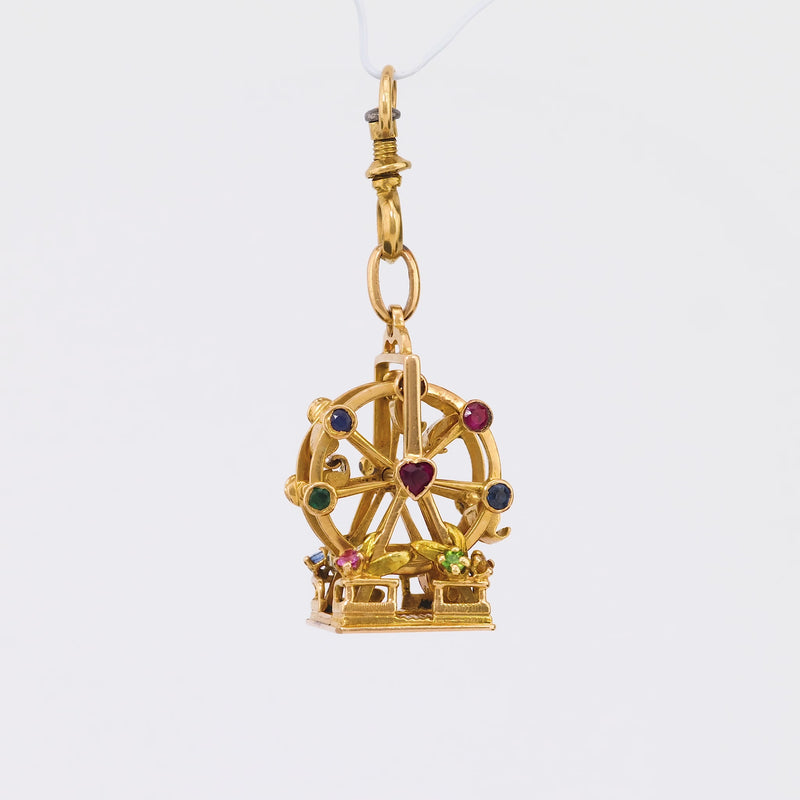 Vintage French Gemstone 18K Yellow Gold Ferris Wheel Pendant