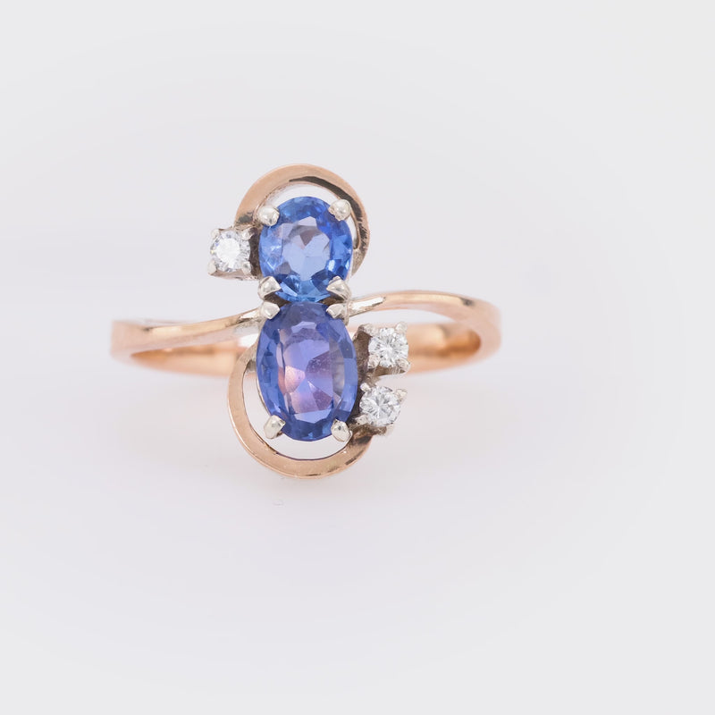 Antique style sapphire diamond 10k rose gold silver Toi Et Moi ring