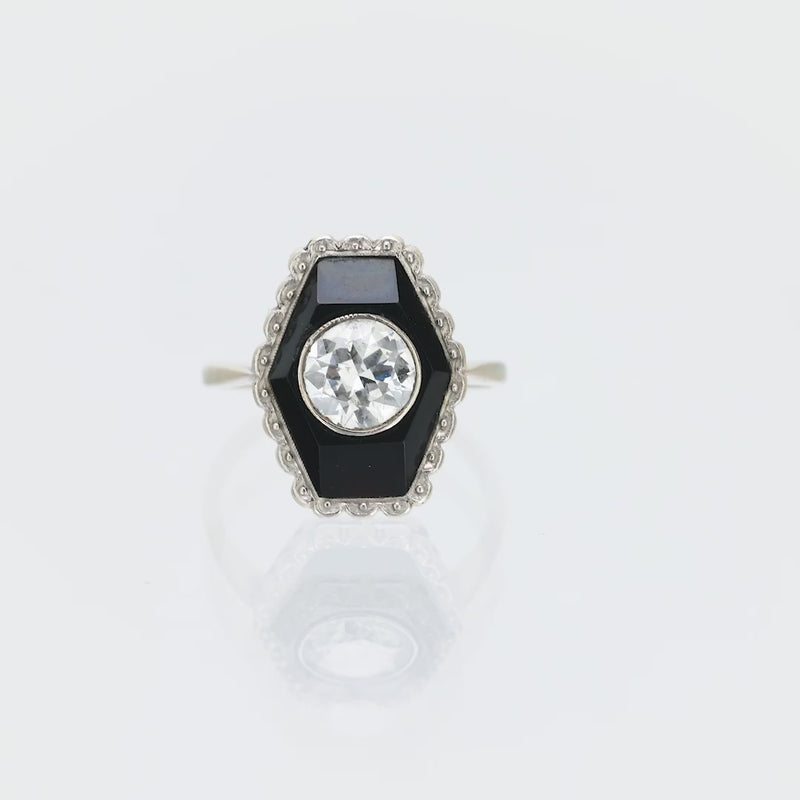 Art Deco old European cut diamond onyx 14k white gold ring