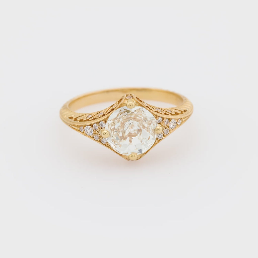 Art Deco inspired GIA 1 carat diamond 18k yellow gold filigree engagement ring
