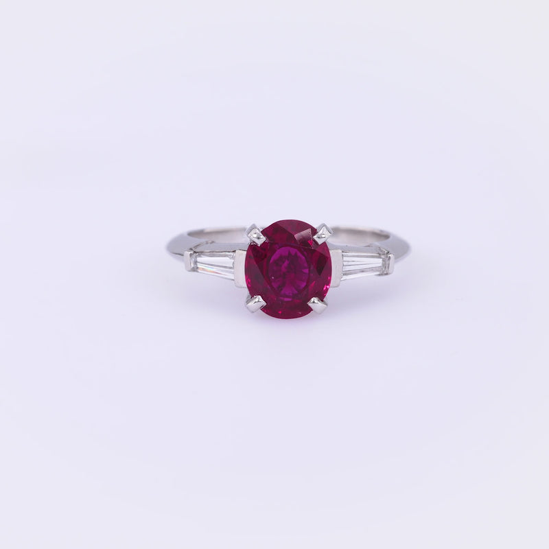 Vintage GIA 1.48 Carat Oval Ruby Diamond Platinum Three Stone Ring