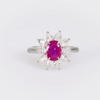 Modern ruby diamond platinum cluster ring