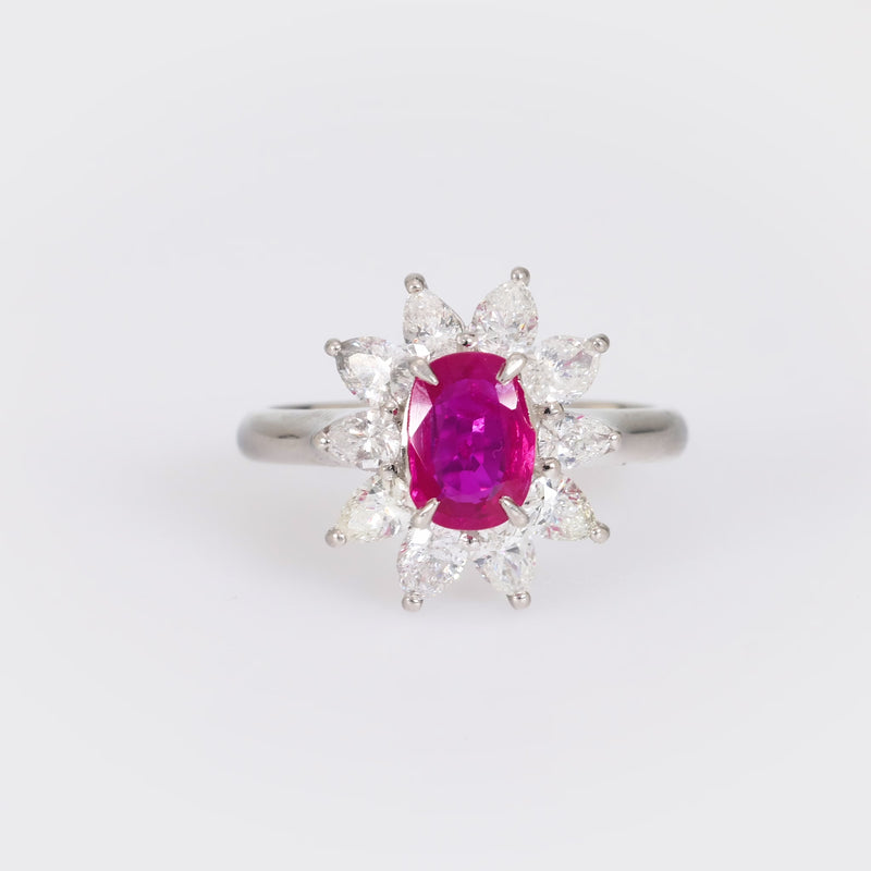 Modern ruby diamond platinum cluster ring