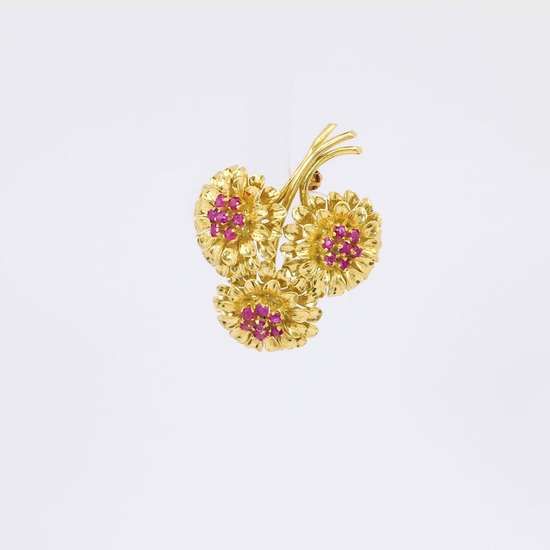 Vintage Tiffany & Co Ruby 18K Yellow Gold Flower Bouquet Brooch