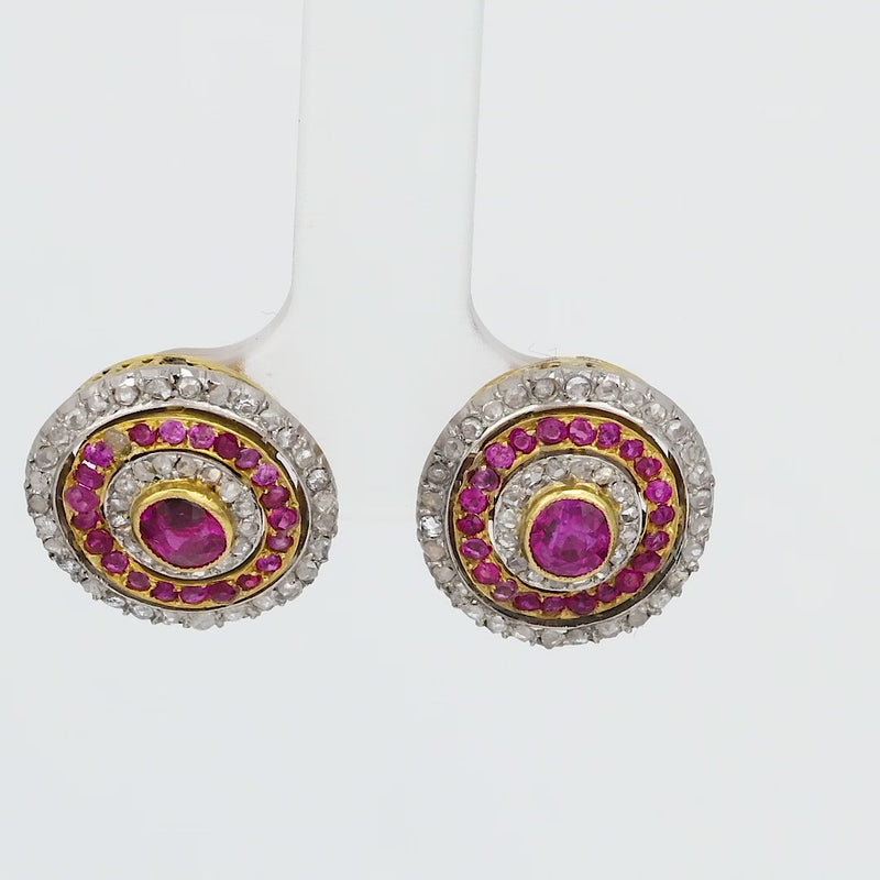 French belle Epoque ruby diamond 18k yellow gold and platinum cluster earrings