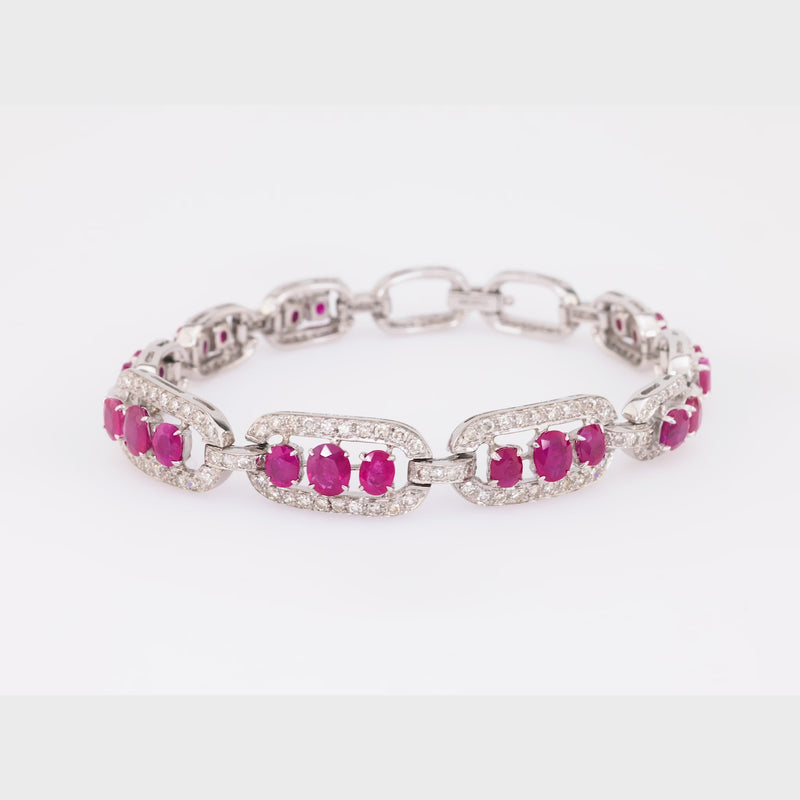 Mid Century GIA 8.2 Carat Total Weight Ruby Diamond 14K White Gold Bracelet