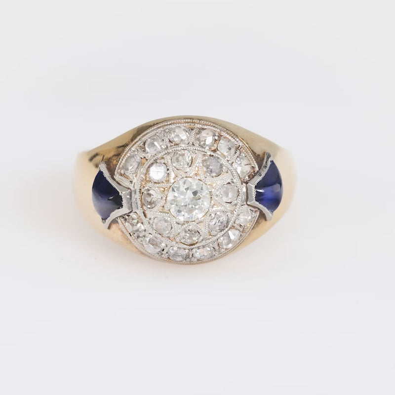 Retro synthetic sapphire 18k yellow gold diamond ring