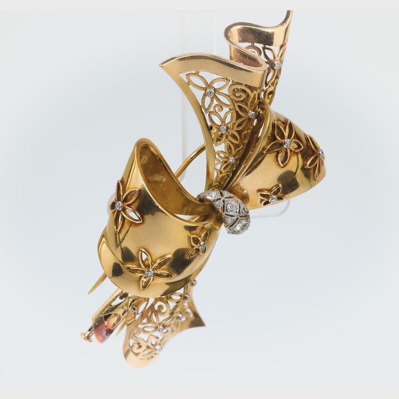 Retro French diamond 18k yellow gold ribbon brooch