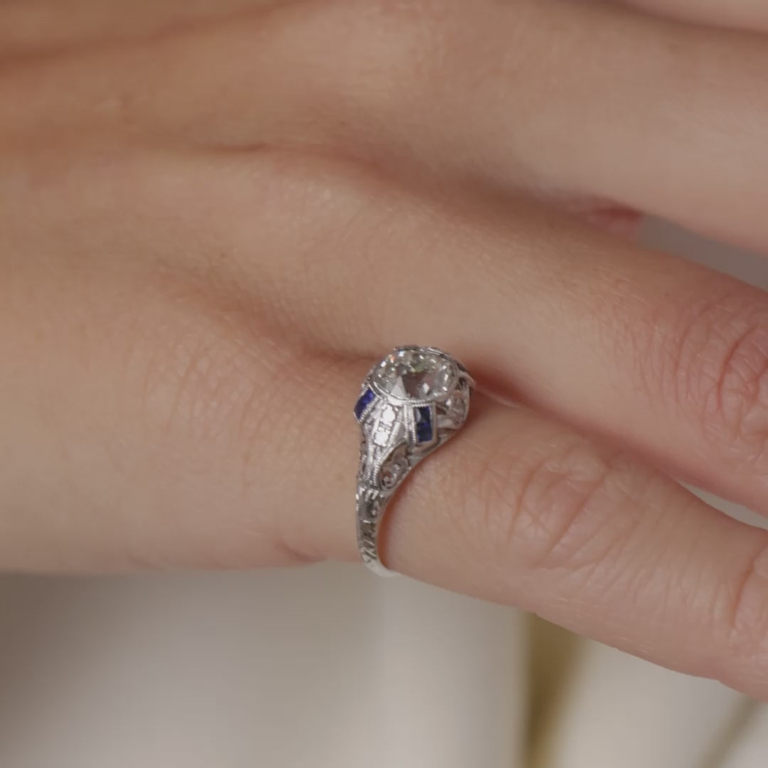 Art Deco GIA 1.36 carat diamond sapphire platinum engagement ring