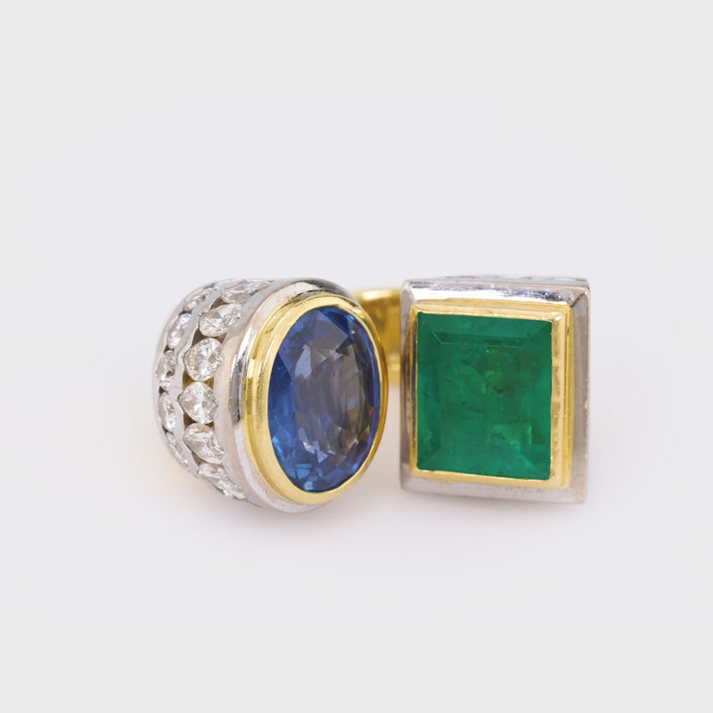 GIA 10 Carat Sapphire GIA 5.3 Carat Emerald Diamond 18K Yellow Gold Large Ring