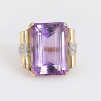 Retro 15 carat amethyst diamond 18k yellow gold cocktail ring