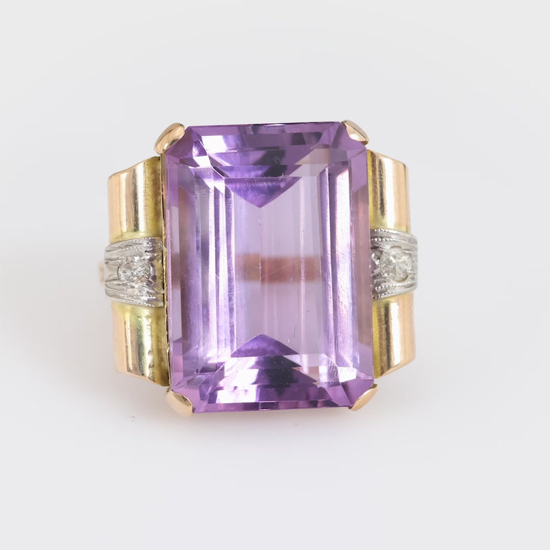 Retro 15 carat amethyst diamond 18k yellow gold cocktail ring