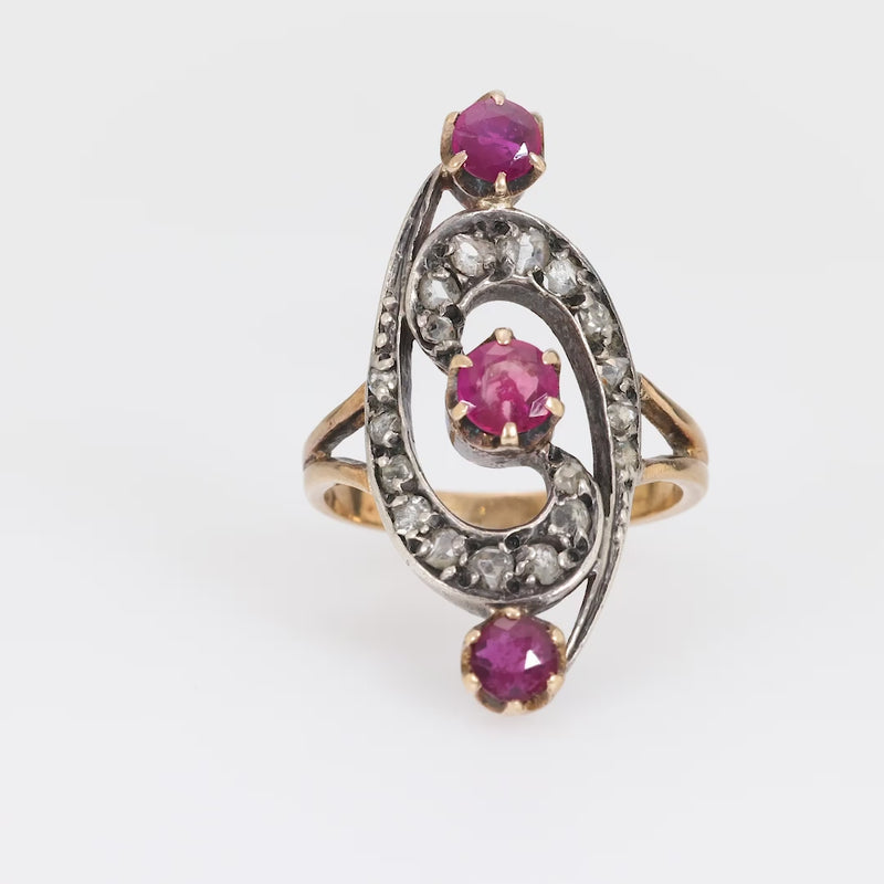 Belle Époque French ruby diamond 18k yellow silver ring