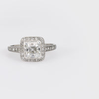 Art Deco old Asscher cut diamond platinum halo ring