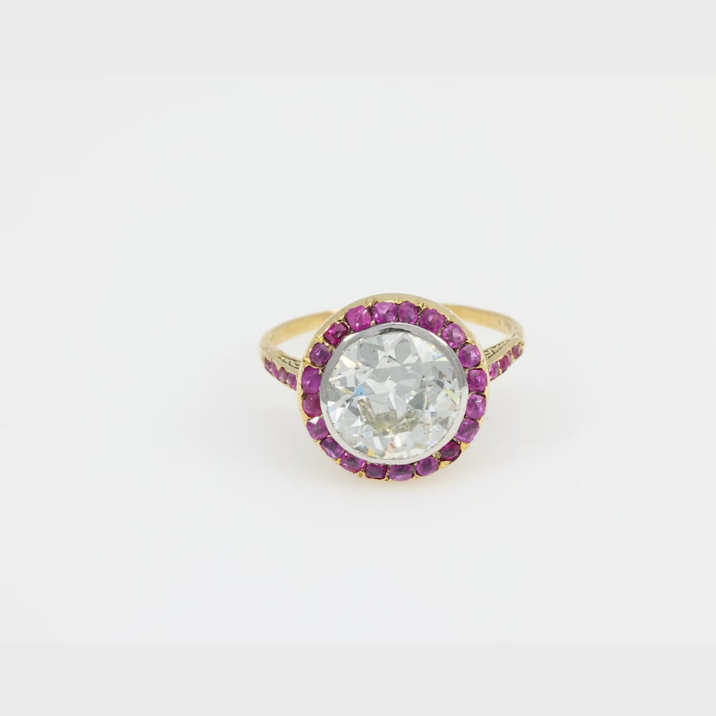 Belle Époque French GIA 2.92 carat diamond ruby 18k yellow gold ring